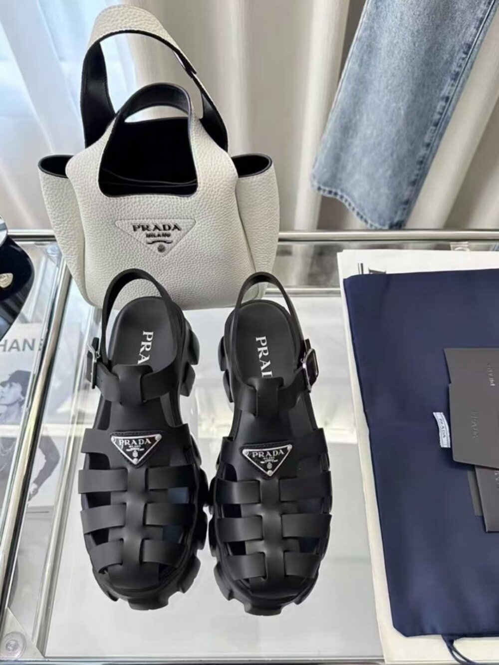 Prada Black Woven Fisherman Triangle Logo Lug Sole Sandals